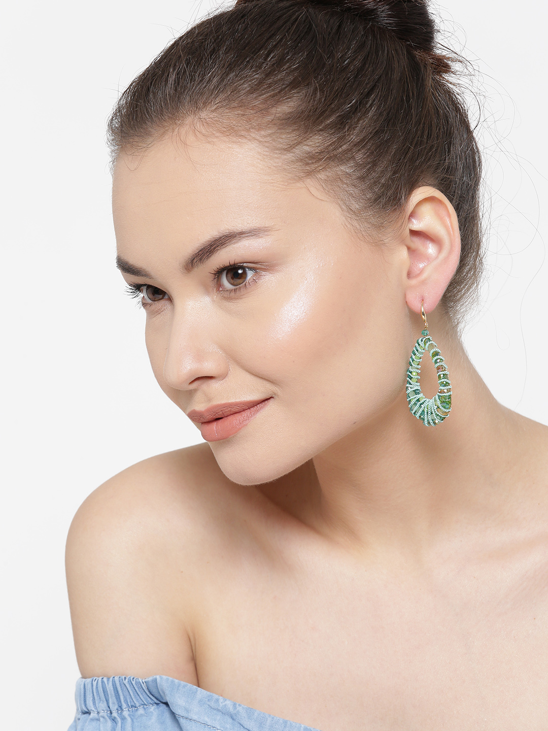 YouBella Green Gold-Plated Teardrop Shaped Drop Earrings